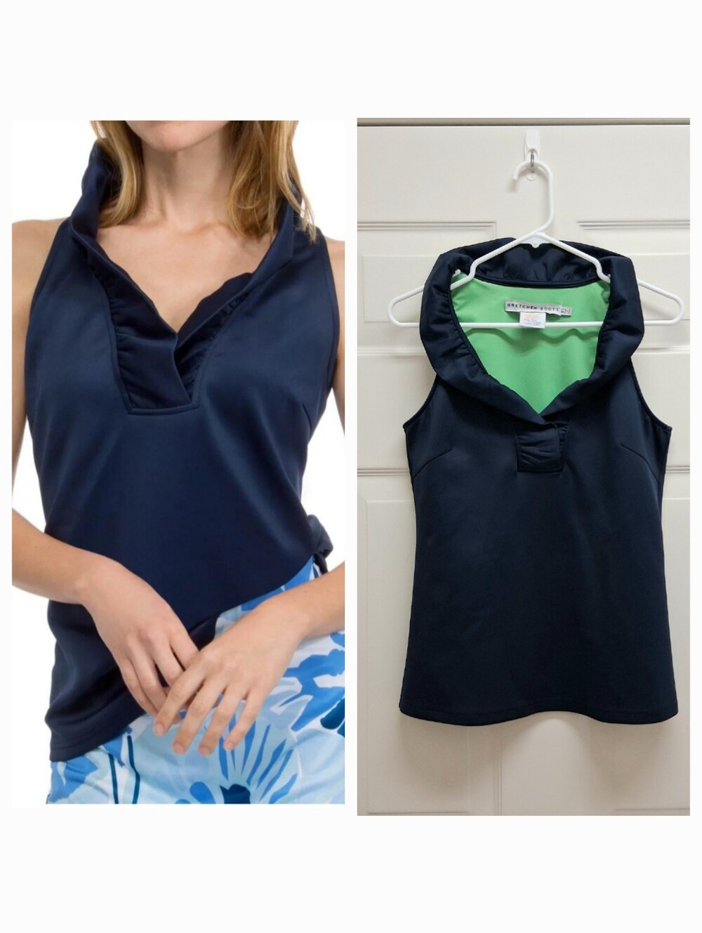 Gretchen Scott Jersey Sleeveless Ruffneck Top Navy Blue XS Ruffle Preppy Classic